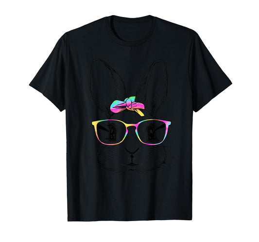 Cute Bunny Rabbit Face Tie Dye Glasses Girl Happy Easter Day T-Shirt