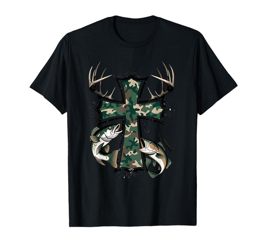 Hunting Fishing Faith - Christian Hunter Fisherman Camo USA T-Shirt