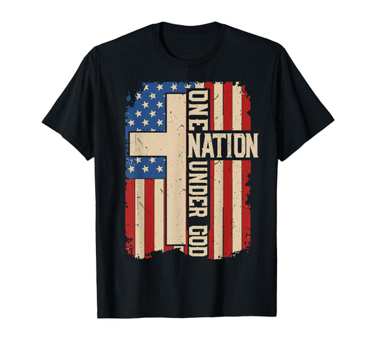 One Nation Under God Patriotic Christian Faith Cross US Flag T-Shirt