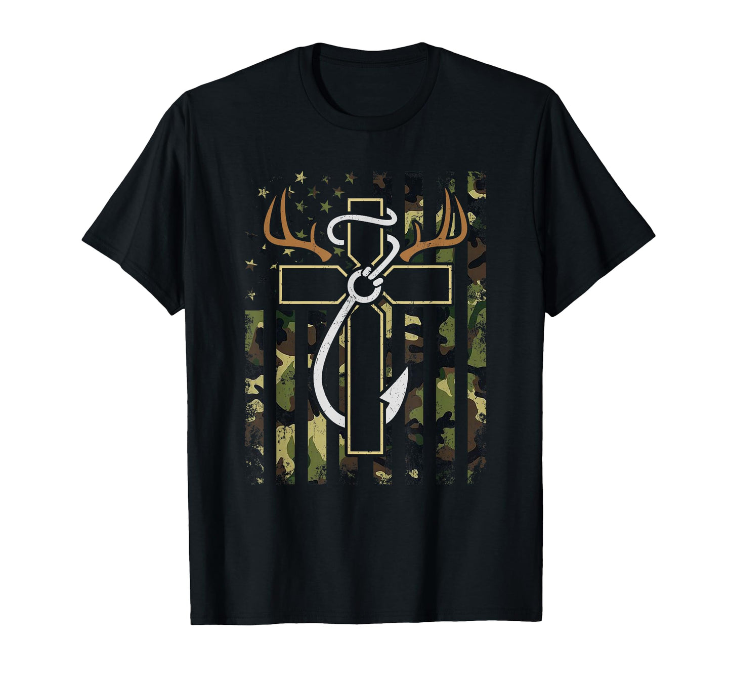 Hunting Fishing Faith Cross Deer Antlers Hook USA Flag Retro T-Shirt