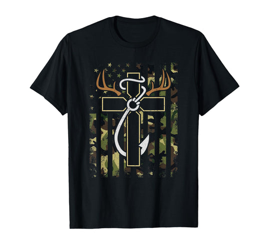 Hunting Fishing Faith Cross Deer Antlers Hook USA Flag Retro T-Shirt