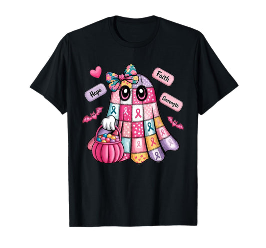 Faith Hope Surrength Patchwork Ghost Breast Cancer Awareness T-Shirt