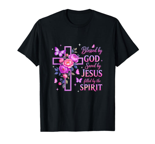 Blessed By God Saved By Jesus Purple Floral Cross Christian T-Shirt