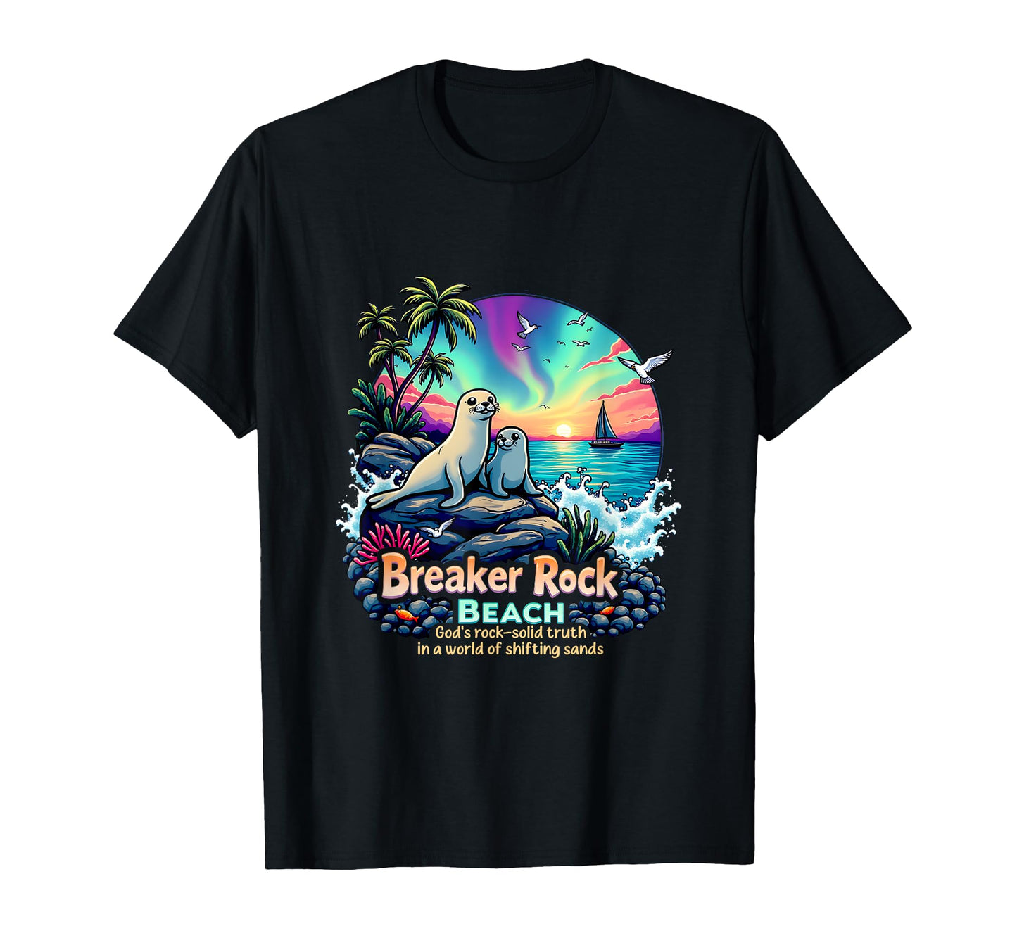God's Solid Beach Breaker Rock Camp Retro VBS 2025 Beach T-Shirt