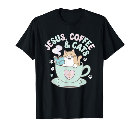 Jesus Coffee Cats Funny Cute Design Jesus Lovers Christian T-Shirt