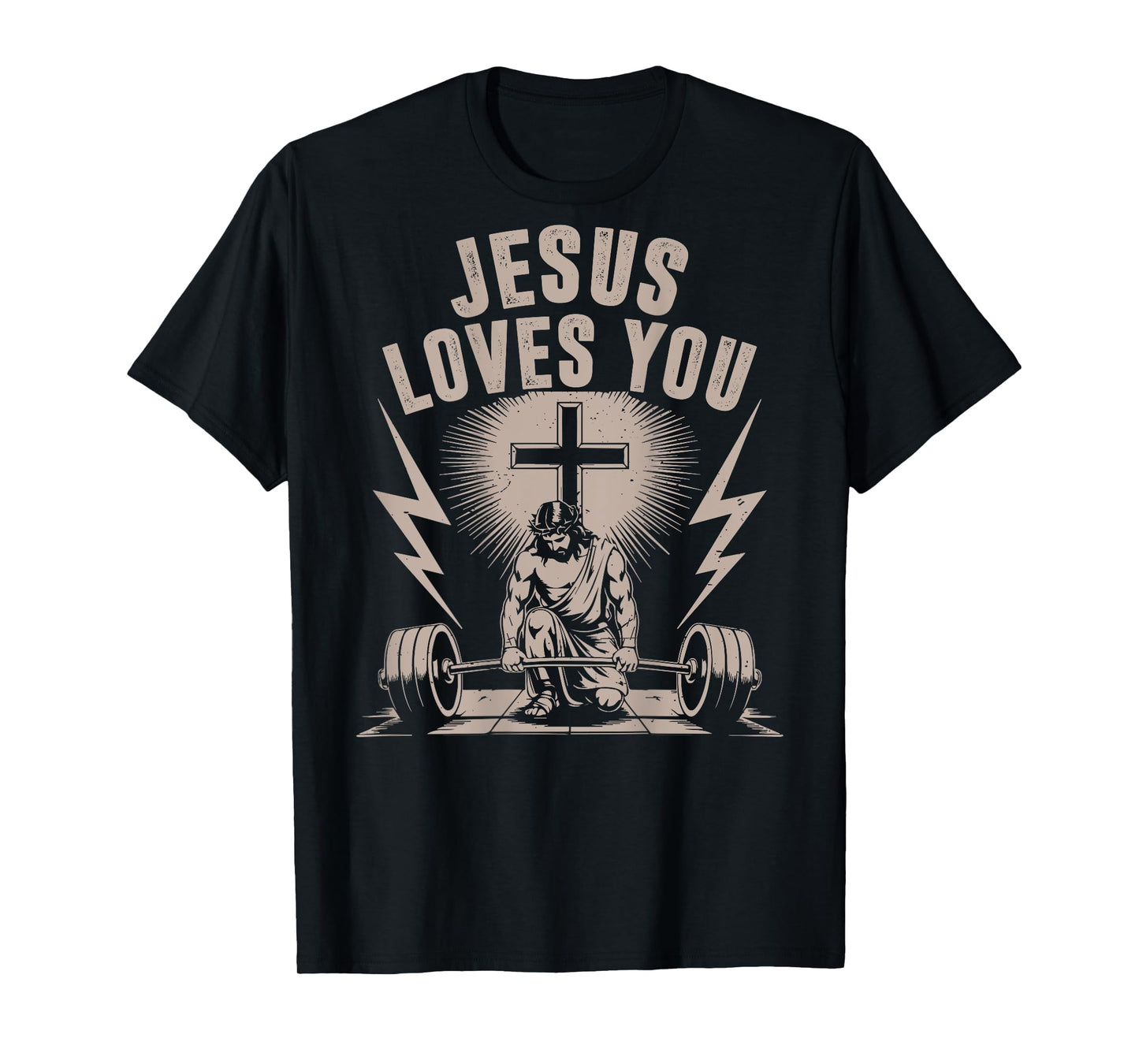 Jesus Loves You Funny Christian Workout Gym Barbell Cross T-Shirt