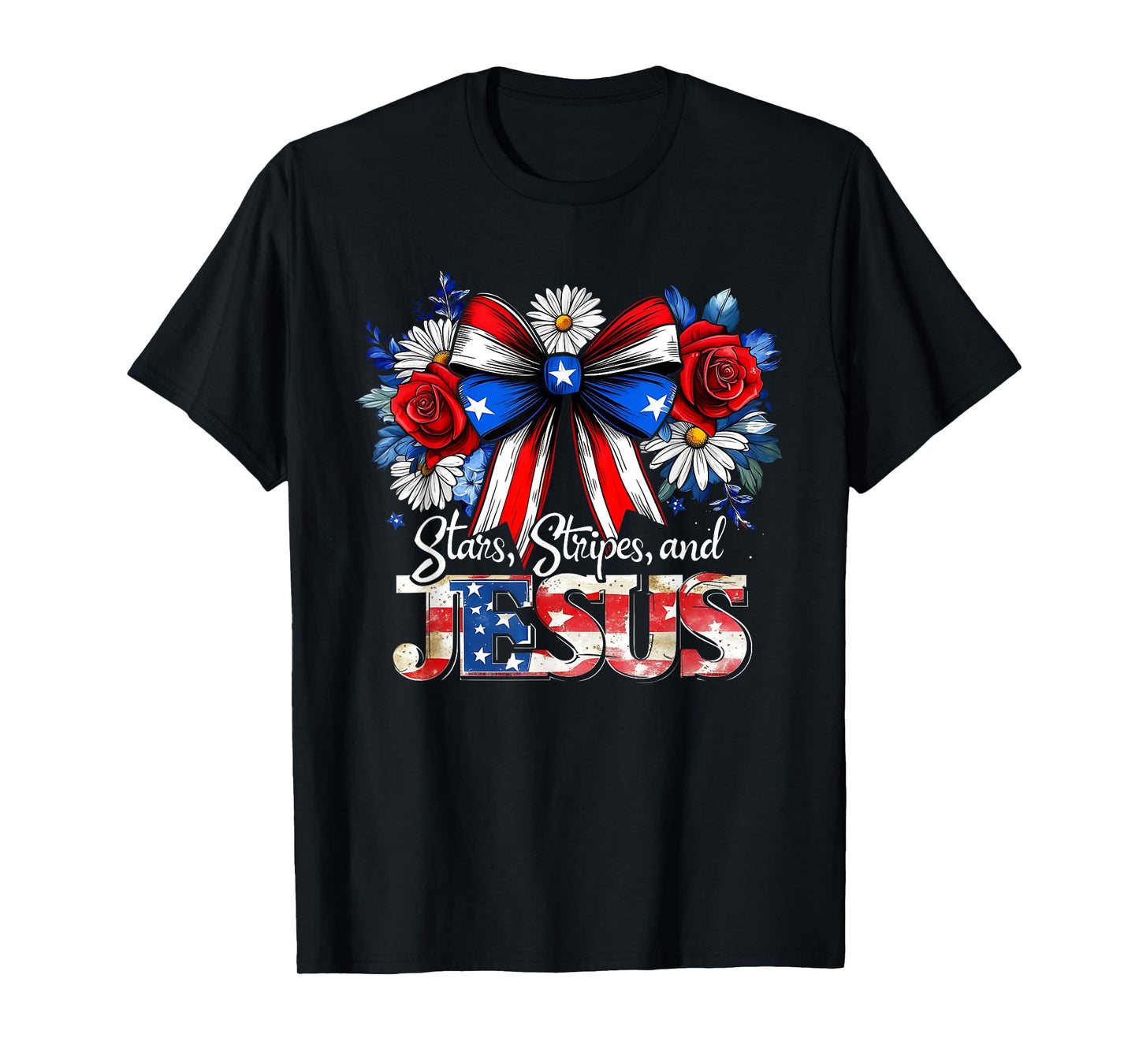 Stars Stripes and Jesus Bow Patriotic Christian Tee T-Shirt