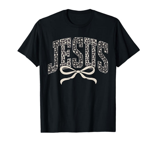 Faith Leopard Jesus Coquette Bow Christian Religious Bible T-Shirt