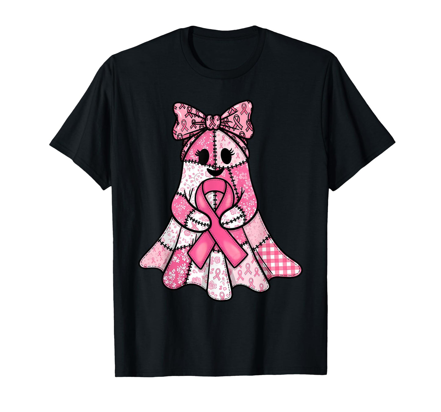 Pink Ribbon Patchwork Ghost Breast Cancer Spooky Halloween T-Shirt