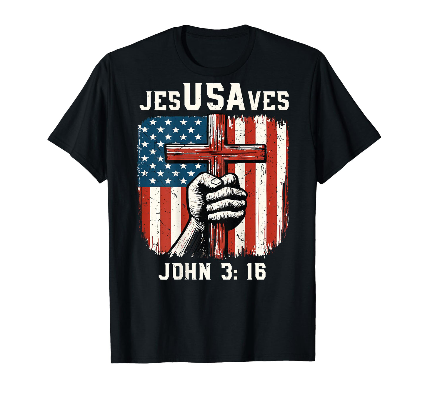 Jesus Save USA Patriotic Christian Faith American Flag Cross T-Shirt