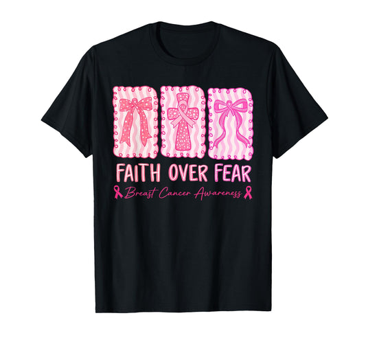 Faith Over Fear Coquette Bow Plaid Breast Cancer Awareness T-Shirt