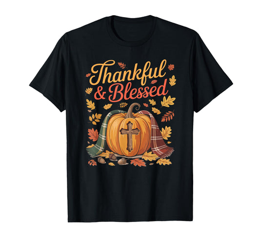 Thankful Blessed Pumpkin Cross Thanksgiving Fall T-Shirt