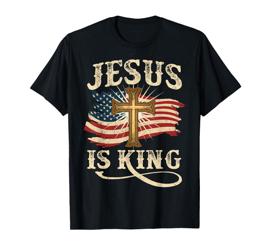 Jesus Is King Christian Cross USA American Flag Religious T-Shirt