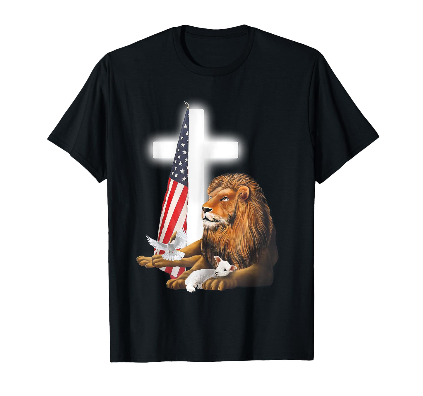 Lion And Lamb Cross Sheep Dove America Flag T-Shirt