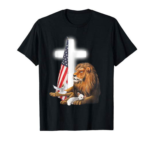 Lion And Lamb Cross Sheep Dove America Flag T-Shirt