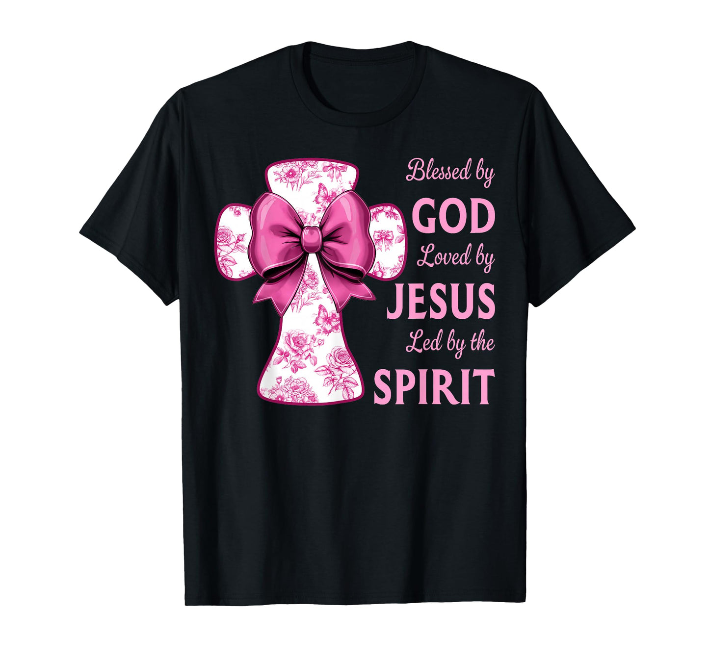 Blessed by God Loved by Jesus Pink Toile Cross Christian T-Shirt