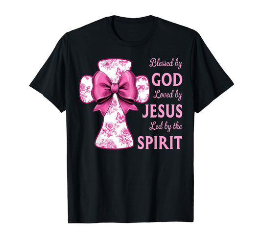 Blessed by God Loved by Jesus Pink Toile Cross Christian T-Shirt