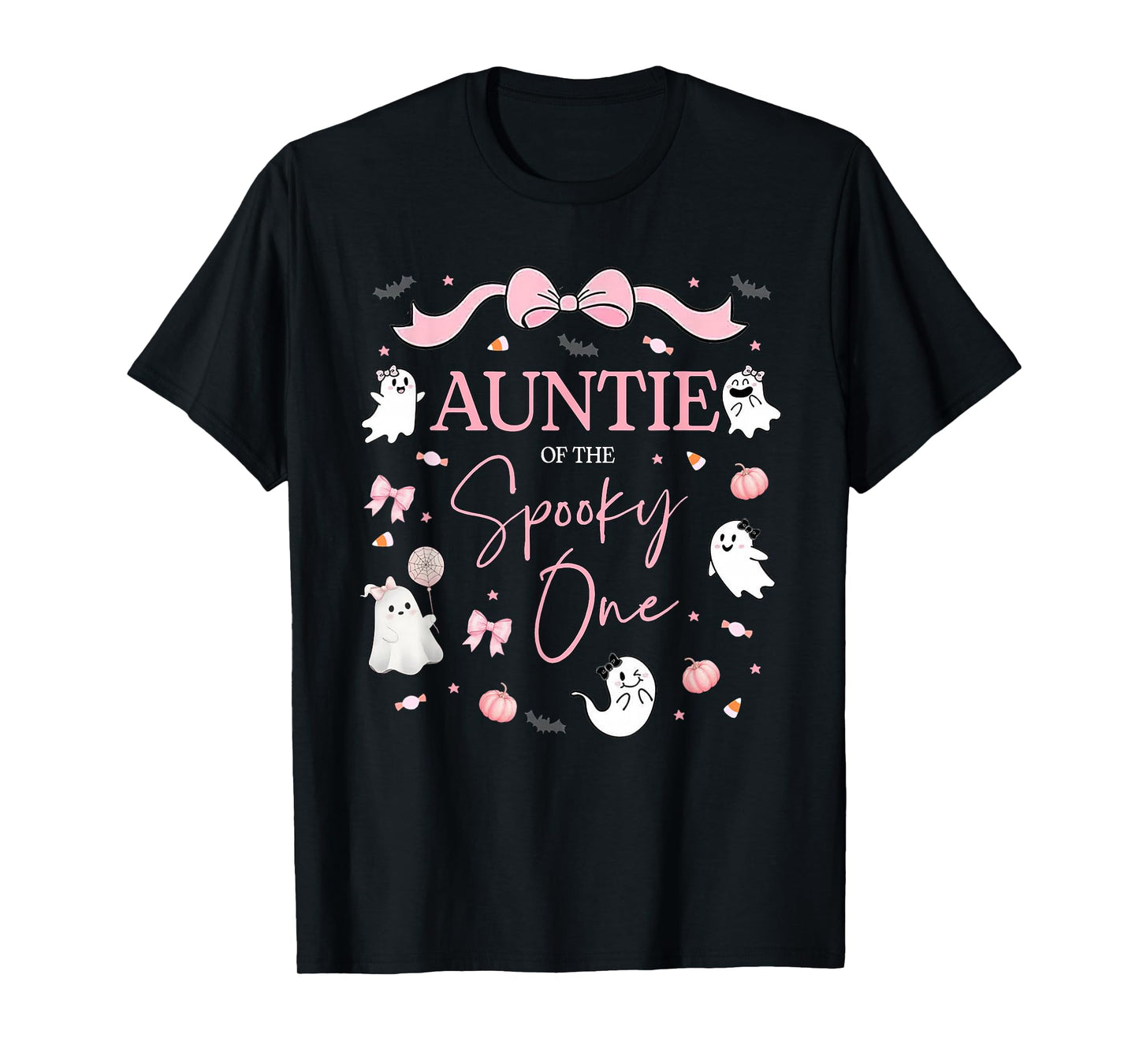 Auntie of The Spooky One Birthday Girl Pink Bow Halloween T-Shirt