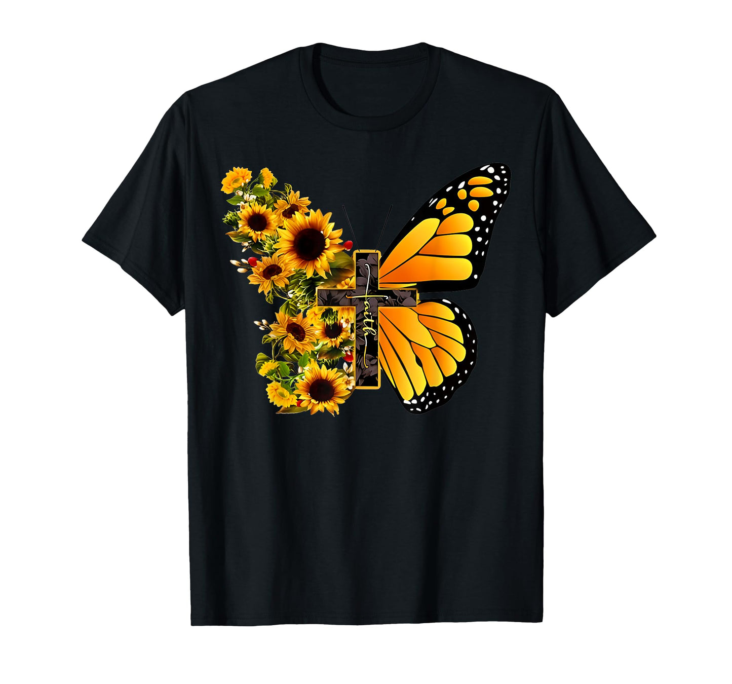 Faith Cross Sunflower Butterfly Christian Vintage T-Shirt