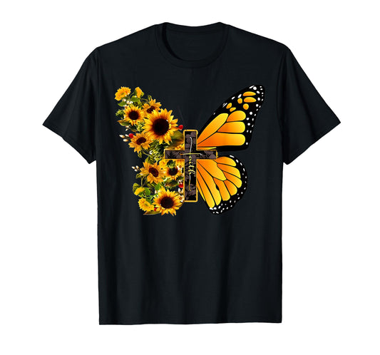 Faith Cross Sunflower Butterfly Christian Vintage T-Shirt