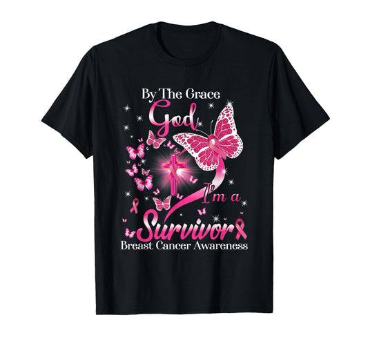 by The Grace God I'm A Survivor Breast Cancer Awareness T-Shirt