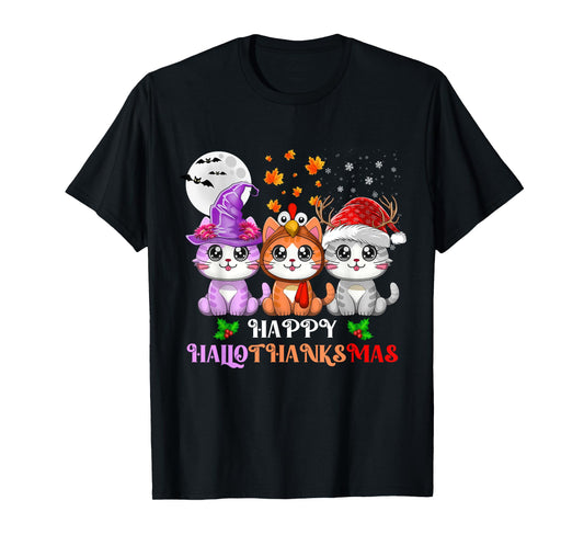 Happy HalloThanksMas Cats Halloween Thanksgiving Christmas T-Shirt
