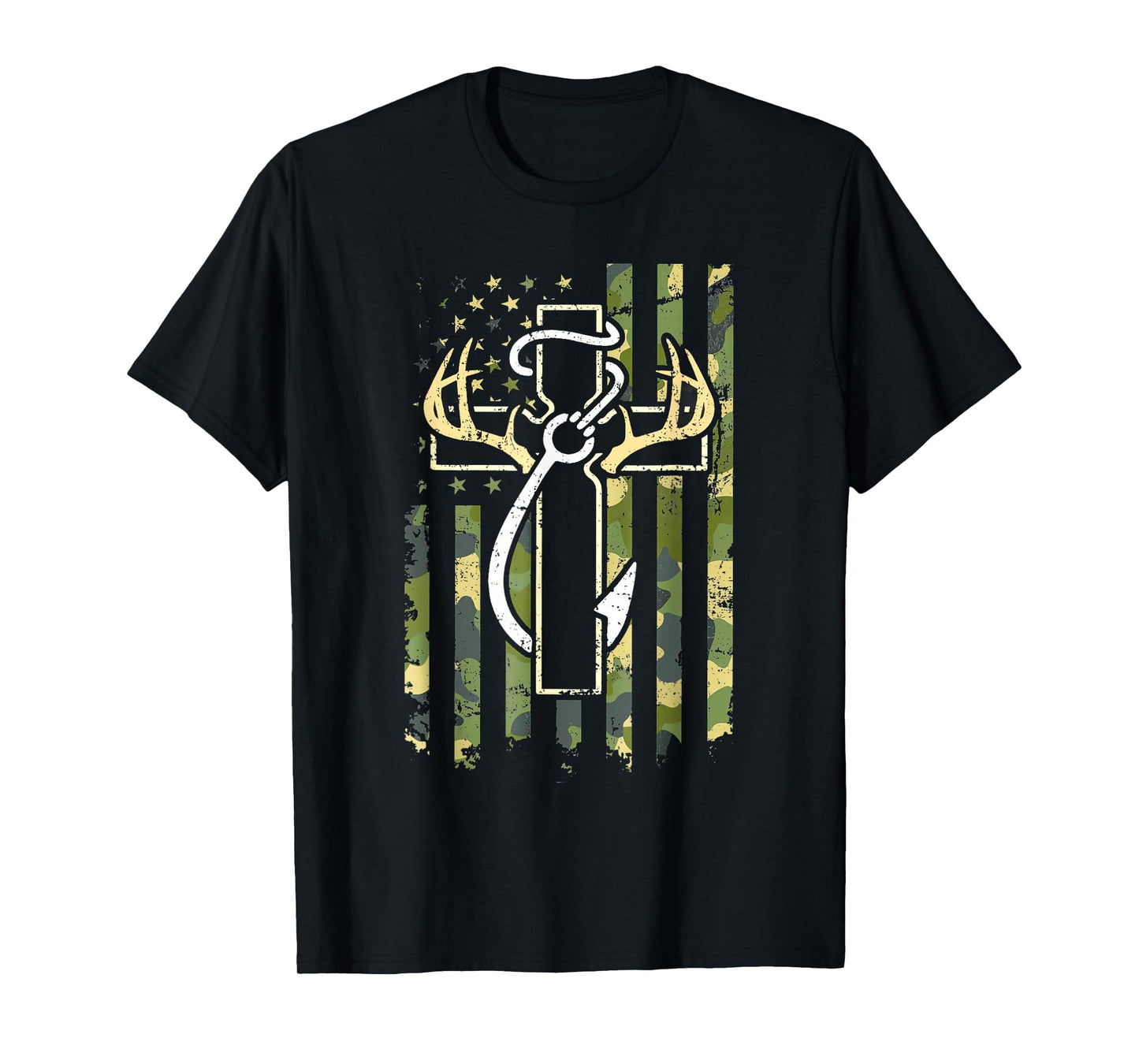Hunting Fishing Faith Cross Deer Antlers American Flag T-Shirt