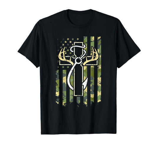 Hunting Fishing Faith Cross Deer Antlers American Flag T-Shirt