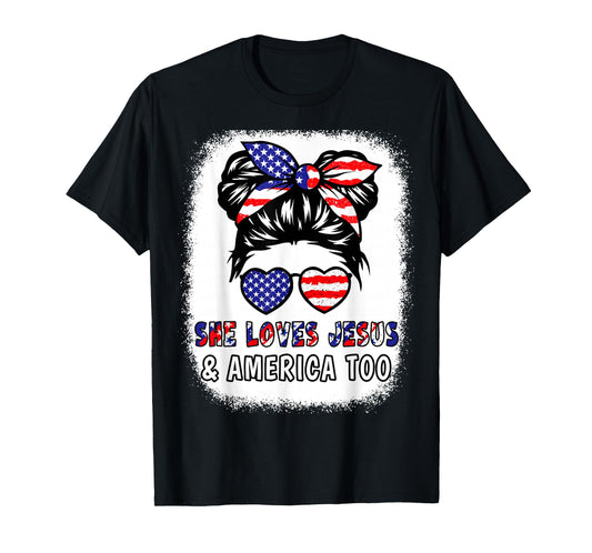 Girl Loves Jesus & America 4th July Flag USA Patriotic Women T-Shirt
