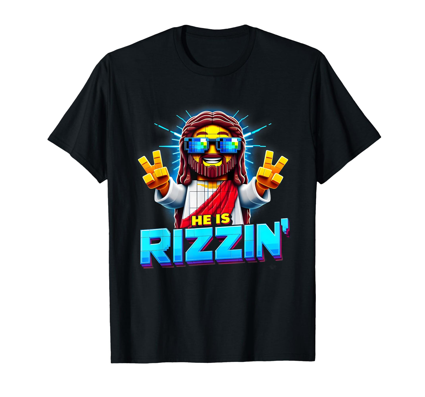 He Is Rizzen Jesus Has Rizzen Retro Christian Pixel Gaming T-Shirt