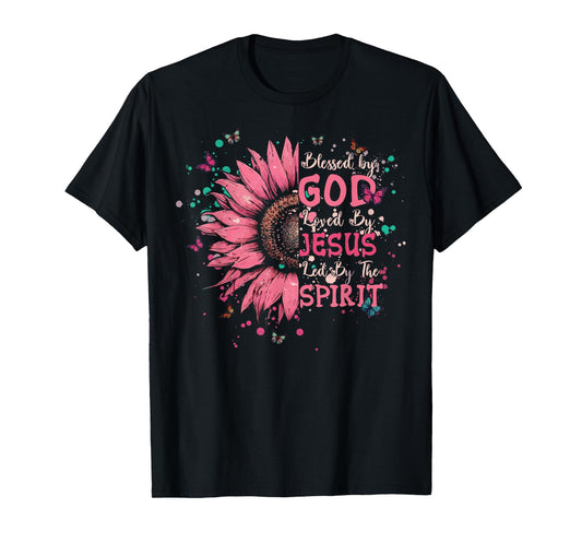 Blessed by God Loved by Jesus Christian Cross Tee Sunflower T-Shirt