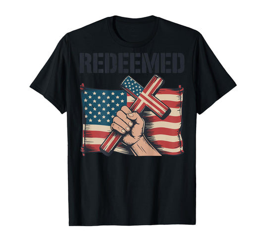Men's Redeemed Christian Patriotic Cross Faith American Flag T-Shirt