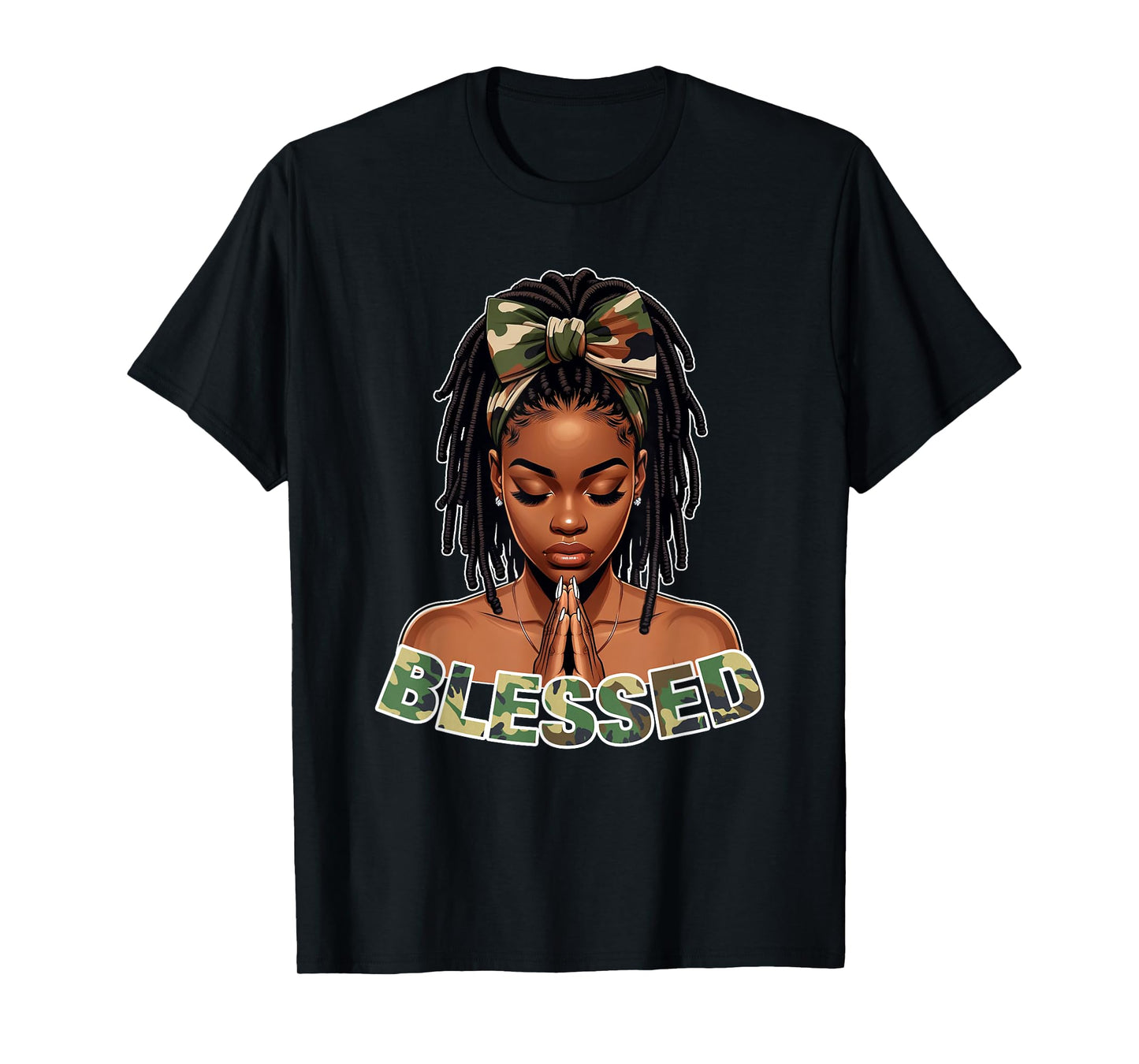 Praying Young Black Girl With Braids Locs Blessed Camo T-Shirt