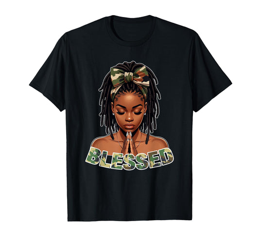 Praying Young Black Girl With Braids Locs Blessed Camo T-Shirt