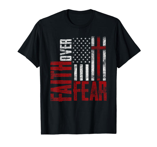 Patriotic Devotee USA Flag Cross Faith Over Fear Jesus Women Kids Men T-Shirt
