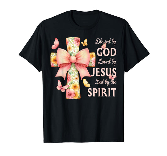 Blessed by God Loved by Jesus Pastel Floral Coquette Cross T-Shirt