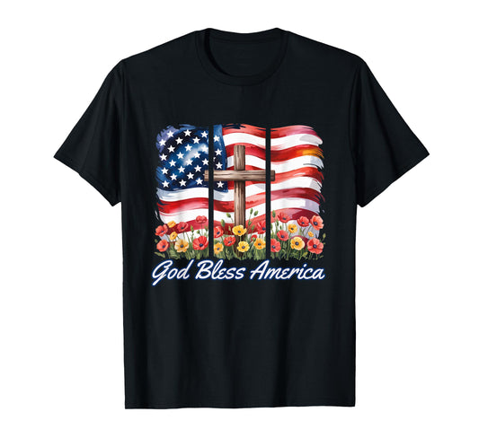 God Bless America Flag Cross Flowers Patriotic 4th of July T-Shirt