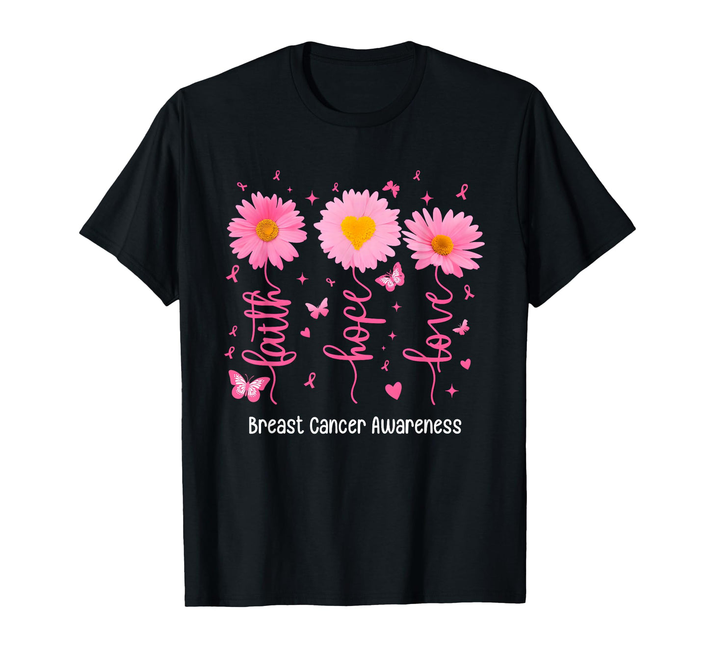 Faith Hope Love Flowers Breast Cancer Awareness Support T-Shirt