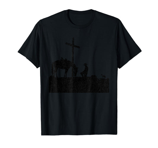 Cowboy Kneeling at Cross Western Jesus for Mens Faith T-Shirt