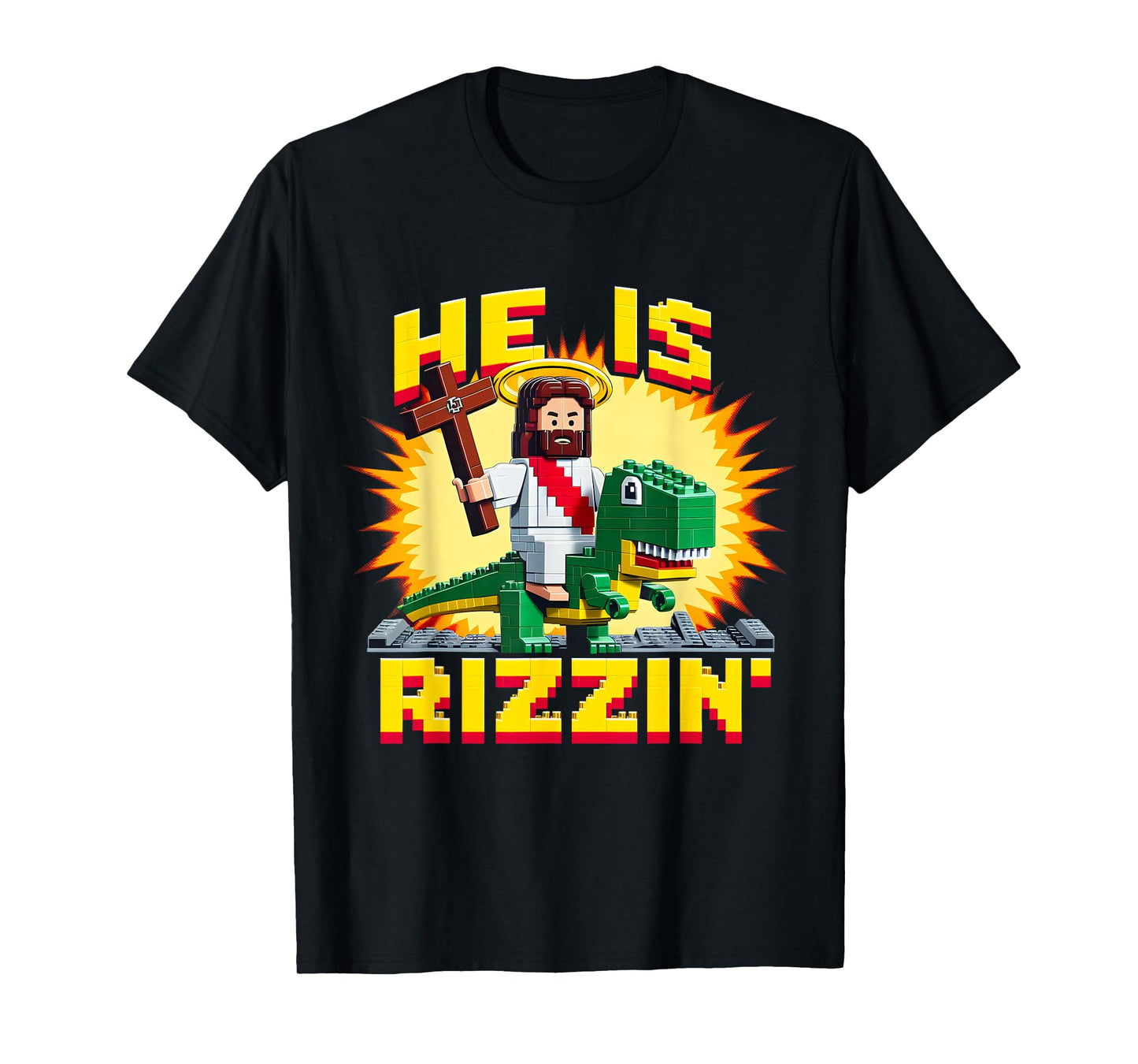 He Is Rizzen Jesus Has Rizzen Retro Christian Pixel Dinosaur T-Shirt