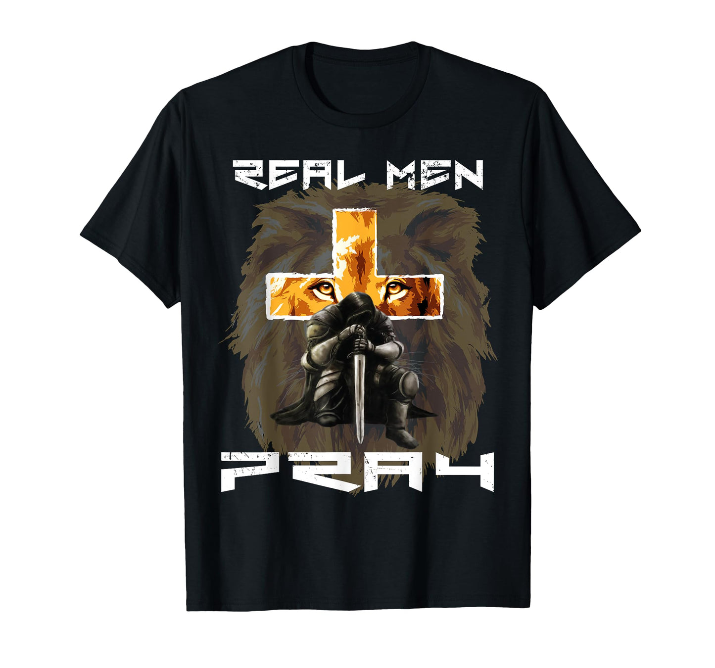 Real Men Pray Lion Judah Christian Religious Cross Graphic T-Shirt