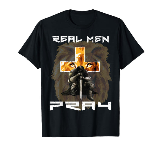 Real Men Pray Lion Judah Christian Religious Cross Graphic T-Shirt