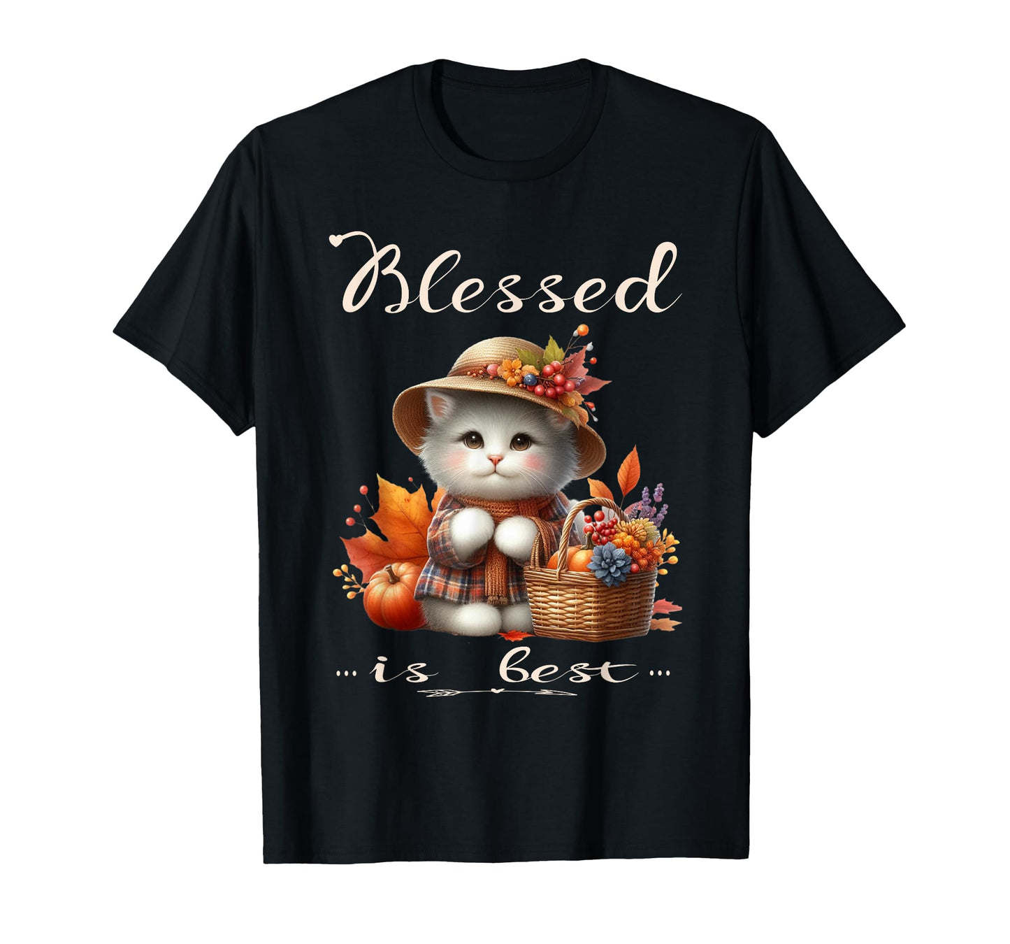 Blessed is Best Fall & Autumn Cute White Vintage Kitty & Hat T-Shirt