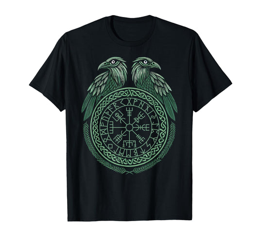 Retro Viking Symbol Compass Vegvisir Nordic Rune Raven T-Shirt