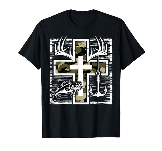 Faith Fishing Hunting Camo Cross with Hook Bass Christian T-Shirt