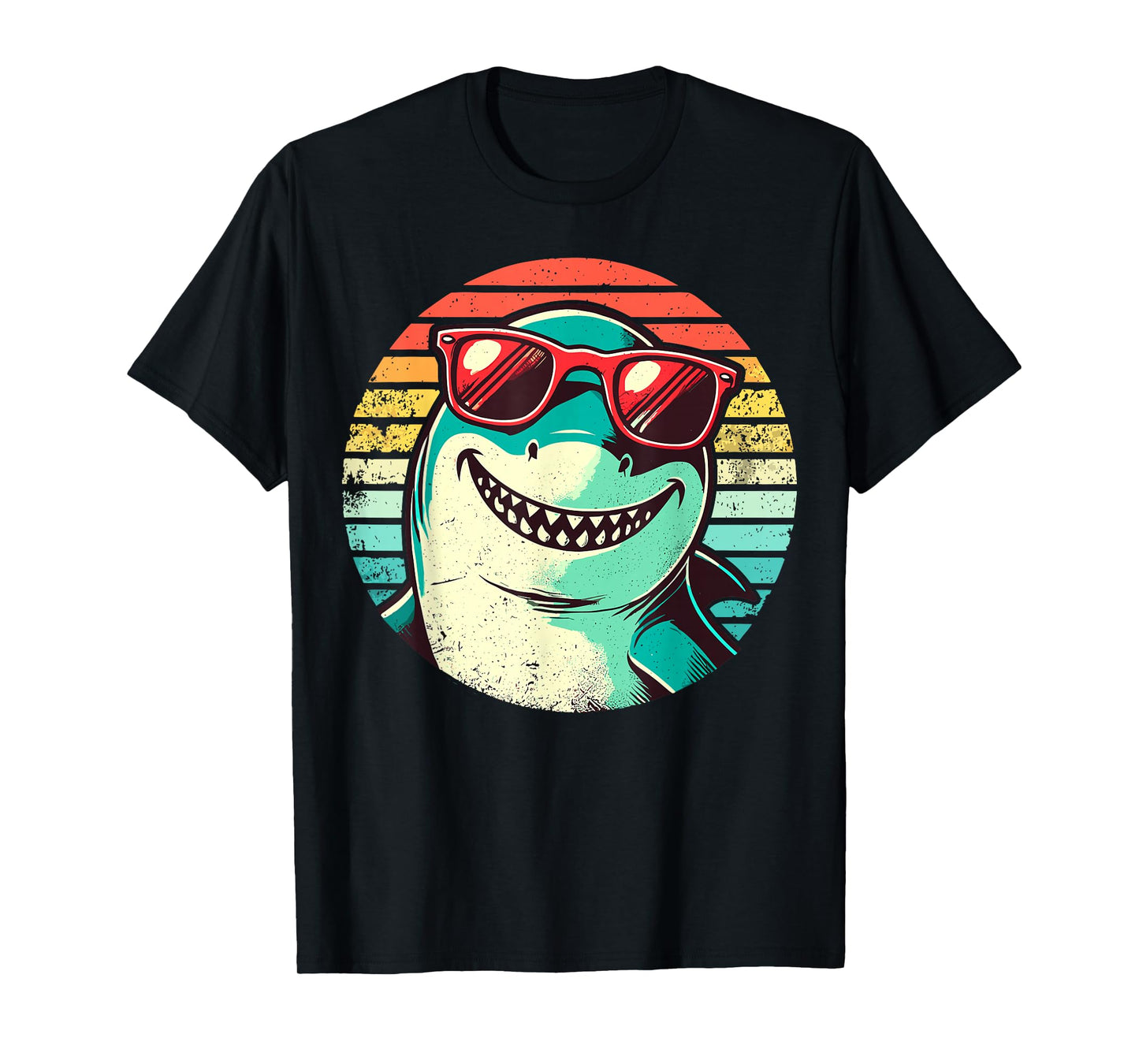 Cool Shark with Sunglasses Retro Sunset T-Shirt - T-Shirt | Black