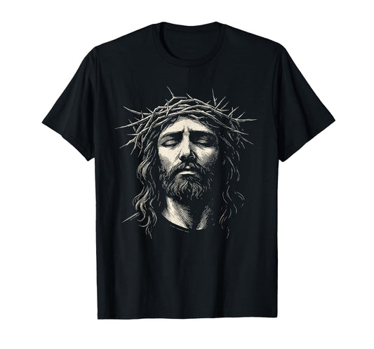 Retro Jesus Christ Face with Crown of Thorns God Bible T-Shirt