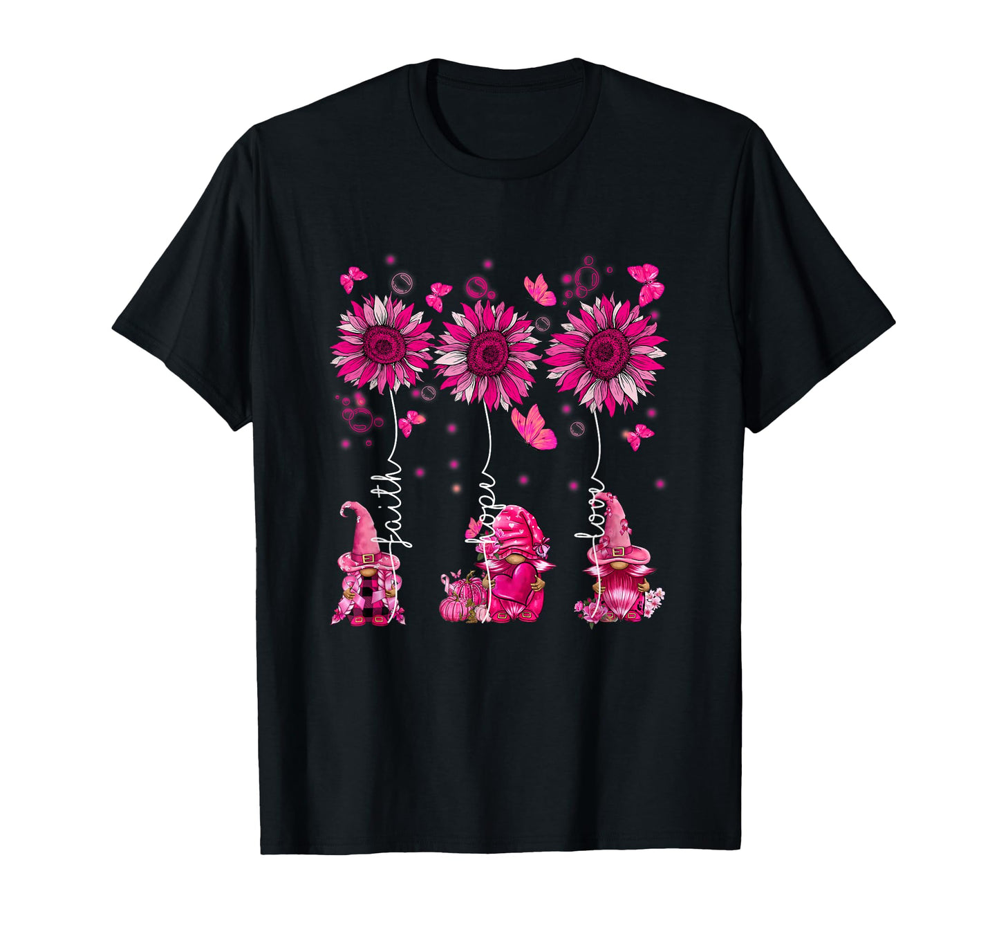 Faith Hope Love Gnome Ribbon Breast Cancer Awareness Flower T-Shirt