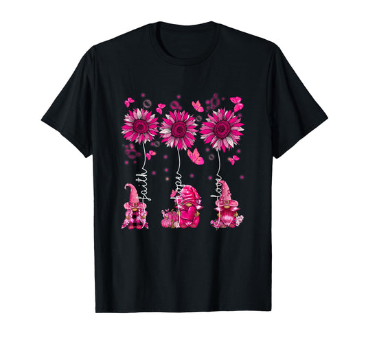 Faith Hope Love Gnome Ribbon Breast Cancer Awareness Flower T-Shirt