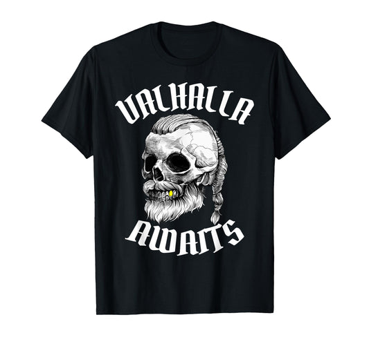 Viking Skull Valhalla Awaits Norse Mythology Odin Dad Men T-Shirt